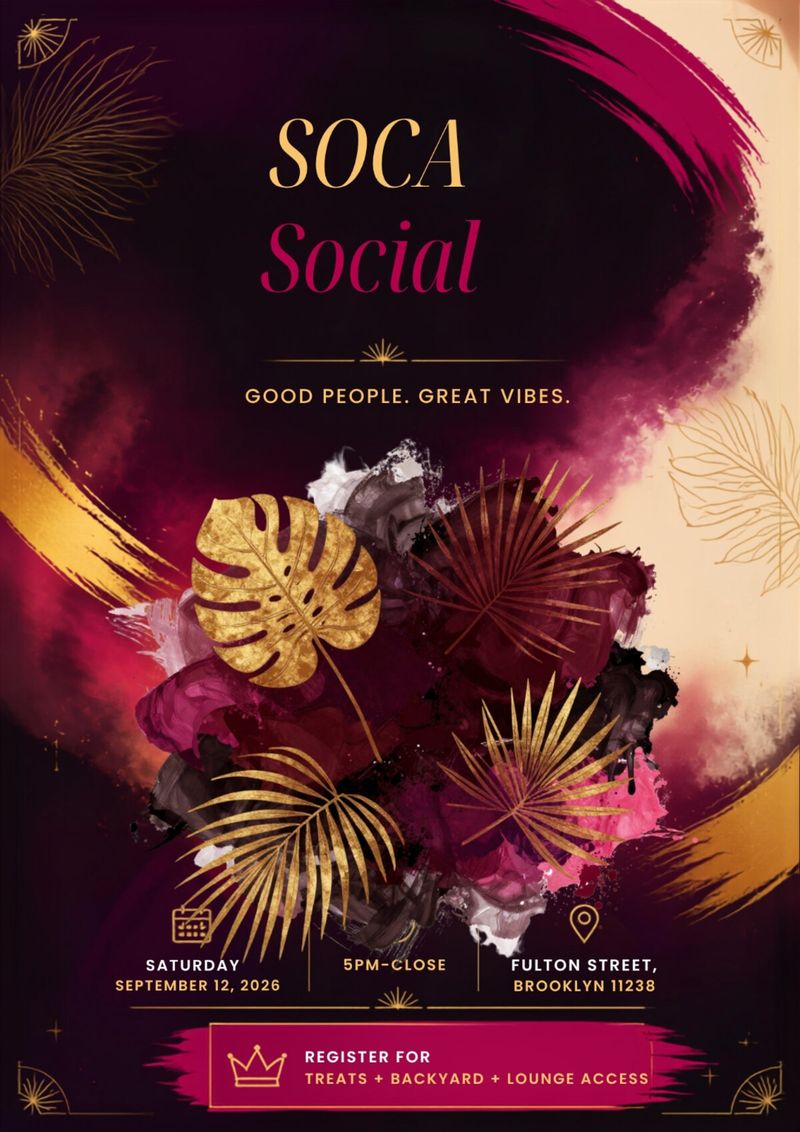 Soca Social event flyer — Saturday, September 12, 2026, 5PM until close, Fulton Street, Brooklyn